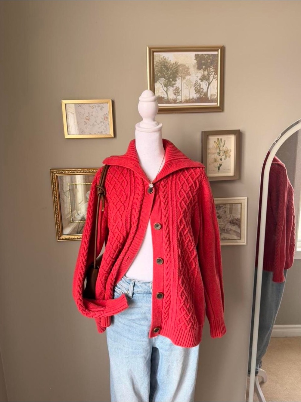 L.L. Bean Coral-Red Cable Knit Button-Up Cardigan